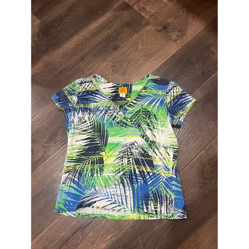 Ruby Rd Womens Tropical Palm Print Faux Wrap V-Neck Short Sleeve Medium